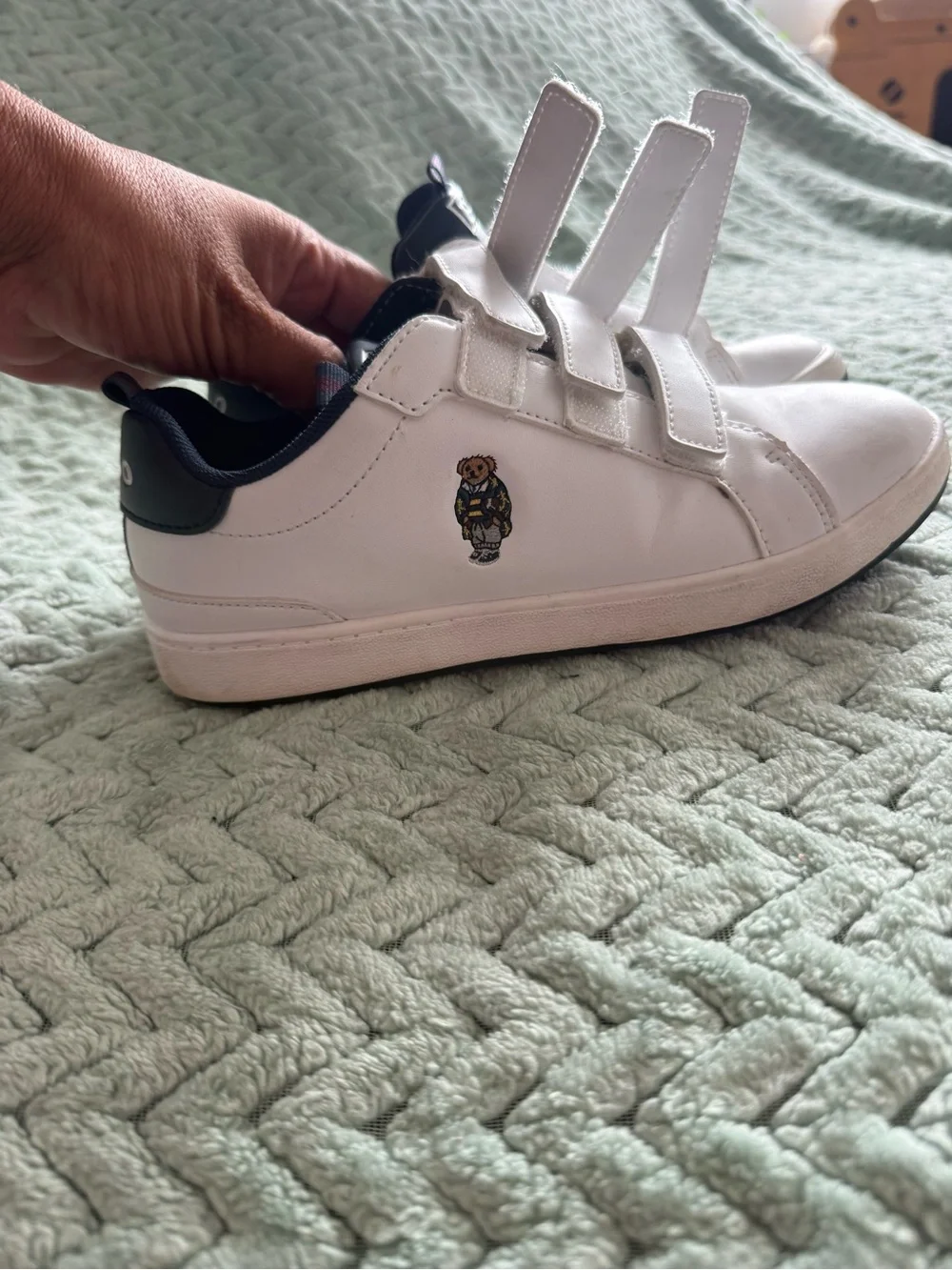 Polo by Ralph Lauren White Kids Velcro Sneakers with Navy Trim